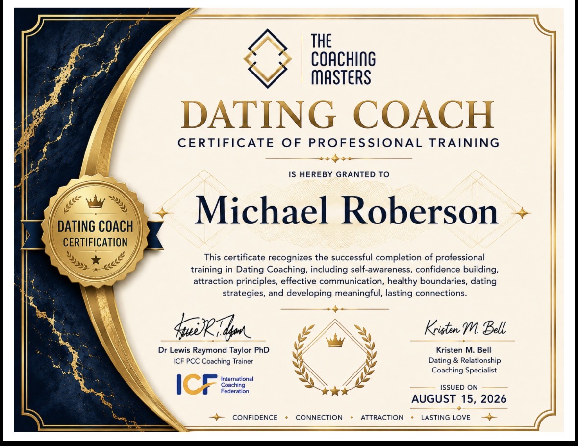 Dating Coach Certification awarded to Coach Mike by The Coaching Masters