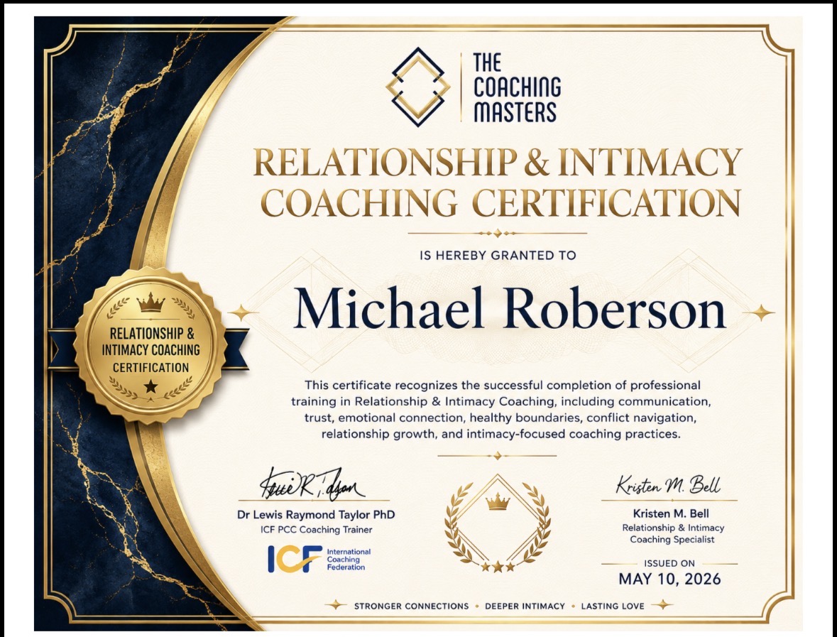 Relationship & Intimacy Coaching Certification awarded to Coach Mike by The Coaching Masters