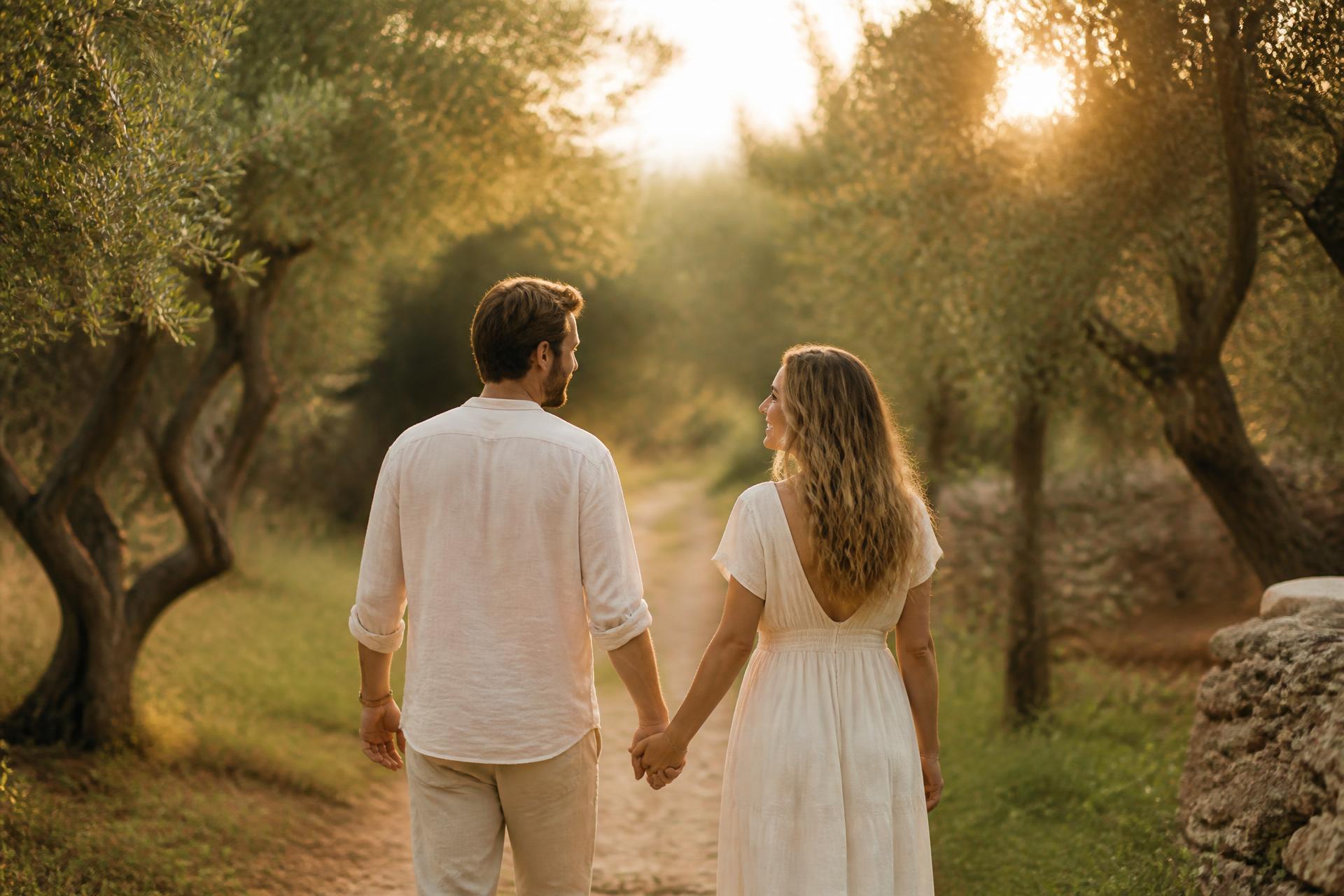 Two people walking together along a quiet path at golden hour